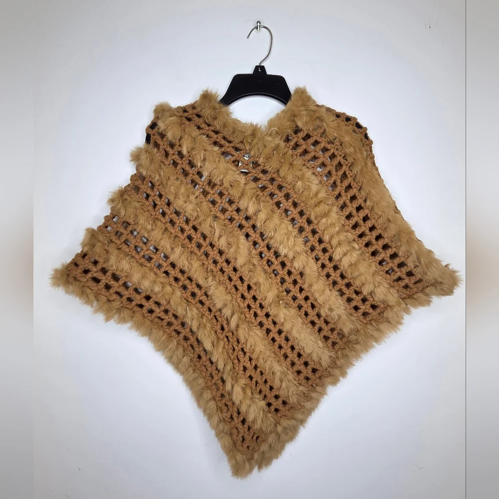 Neiman Marcus Brown Ponchi Wool and Cashmere with Rabbit Fur Trim - Picture 9 of 9